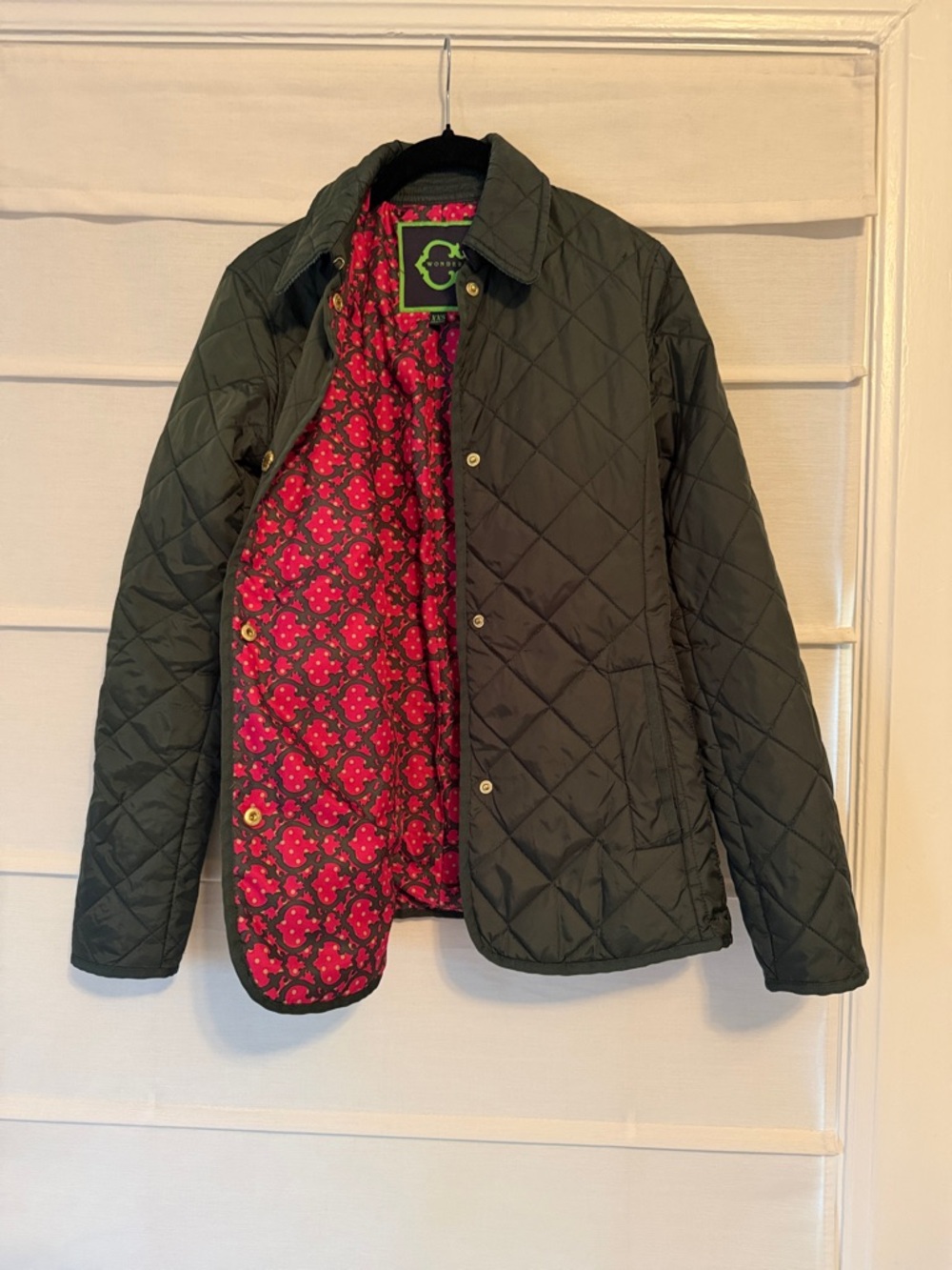C. Wonder Hunter green Quilted Jacket with Hot Pink Floral Lining